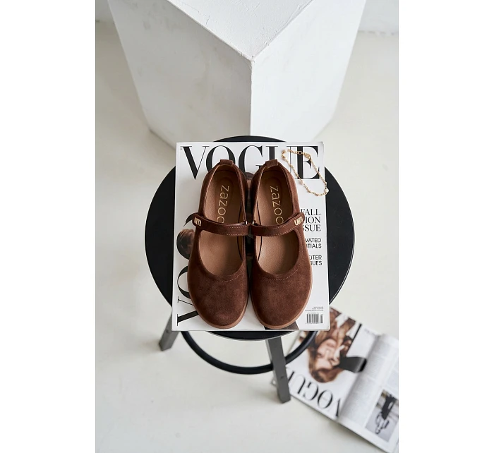 Kožené semišové baleríny Barefoot s páskem Zazoo 10206 Čokoládové