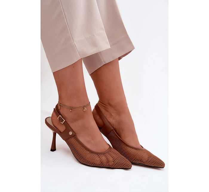 Kožené Síťované Dámské Sandály Lodičky Na Podpatku model 22123163 Hnědé - Maciejka