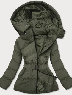 Dámská prošívaná bunda v khaki barvě s opaskem pro přechodné období (23060-2)