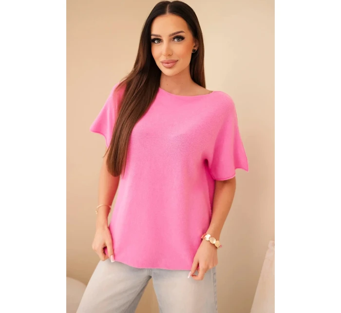 Dámský svetr s krátkým rukávem volného střihu světle růžový