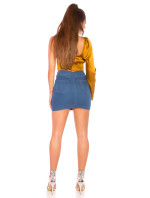 Sexy džínová sukně s vysokým pasem a falešnými knoflíky