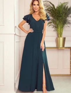 Dlouhé dámské šaty v lahvově zelené barvě s výstřihem a volánky model 8489484 - numoco