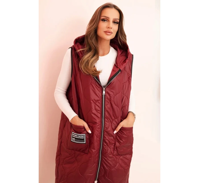 Dámská prošívaná vesta Plus Size s kapucí na zip bordová