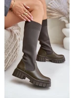 Kozačky s elastickým svrškem na plochém podpatku tmavě zelené Mesidra