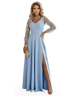 640-5 LORETTA jedinečné dlouhé šaty s tylovými rukávy a výstřihem - modré