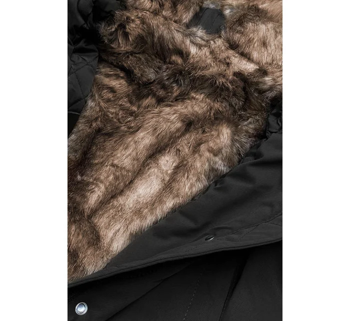 Černá dámská prošívaná zimní bunda s kožešinou (m-137)