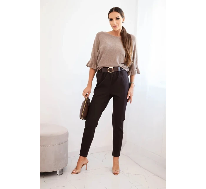 Dámské viskózové kalhoty s páskem a model 21407255 nohavicemi hnědé - K-Fashion