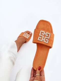 Dámské pantofle na plochém podpatku se zdobením, oranžová vložka