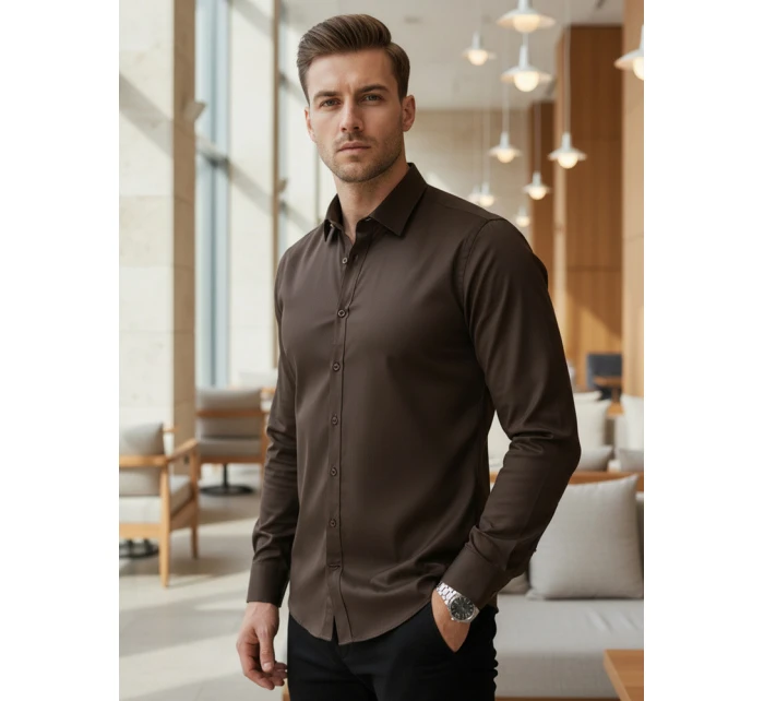 Pánská elegantní hladká tmavě hnědá košile SLIM FIT FashionStreet DX2679 Pánská elegantní hladká tmavě hnědá košile SLIM FIT FashionStreet DX2679