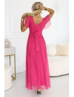 562-9 NASTIA Dlouhé šaty s výstřihem, kosticemi a krátkými rukávy - malinový sorbet
