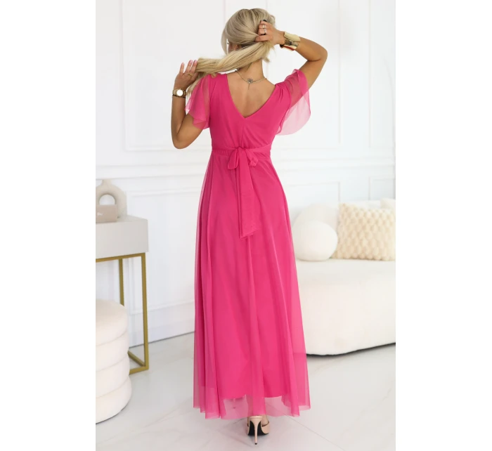562-9 NASTIA Dlouhé šaty s výstřihem, kosticemi a krátkými rukávy - malinový sorbet