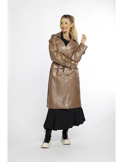 klasický dámský kabát z ekologické kůže ve velbloudí barvě model 19035458 - Ann Gissy