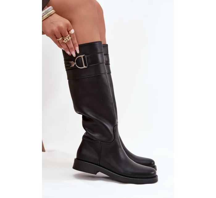 Dámské kozačky na nízkém podpatku s ozdobným detailem černé model 21707846 - Boto