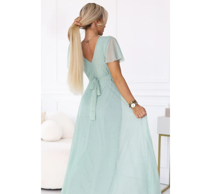 dlouhé třpytivé šaty s výstřihem a krátkými rukávy pistáciová barva model 22019068 - numoco basic