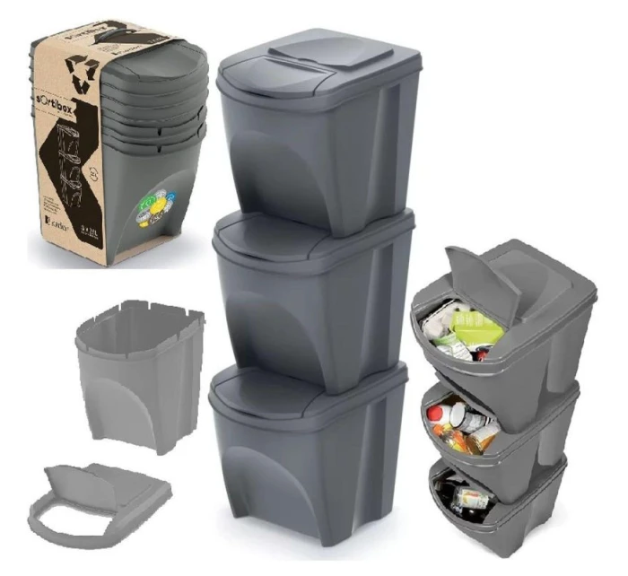 Odpadkové koše 25 l SORTIBOX SET 3 PACK OF GRAY STONE dětské