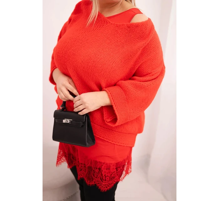 Dámská souprava svetr s model 21798779 výstřihem a viskózová blůza s krajkovým lemem červený - K-Fashion Dámská souprava svetr s model 21798779 výstřihem a viskózová blůza s krajkovým lemem červený - K-Fashion