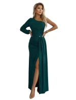 658-2 Třpytivé maxi šaty na jedno rameno s asymetrickými rukávy a rozparkem - lahvově zelené 658-2 Třpytivé maxi šaty na jedno rameno s asymetrickými rukávy a rozparkem - lahvově zelené