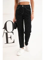 Dámské džíny s vysokým pasem a ozdobami černé