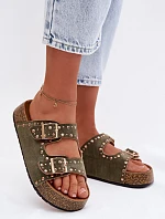 Dámské pantofle se zlatými sponami a knoflíky tmavě zelené Tervina