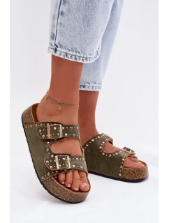 Dámské pantofle se zlatými sponami a knoflíky tmavě zelené Tervina