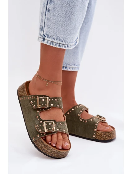 Dámské pantofle se zlatými sponami a knoflíky tmavě zelené Tervina