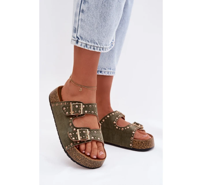 Dámské pantofle se zlatými sponami a knoflíky tmavě zelené Tervina