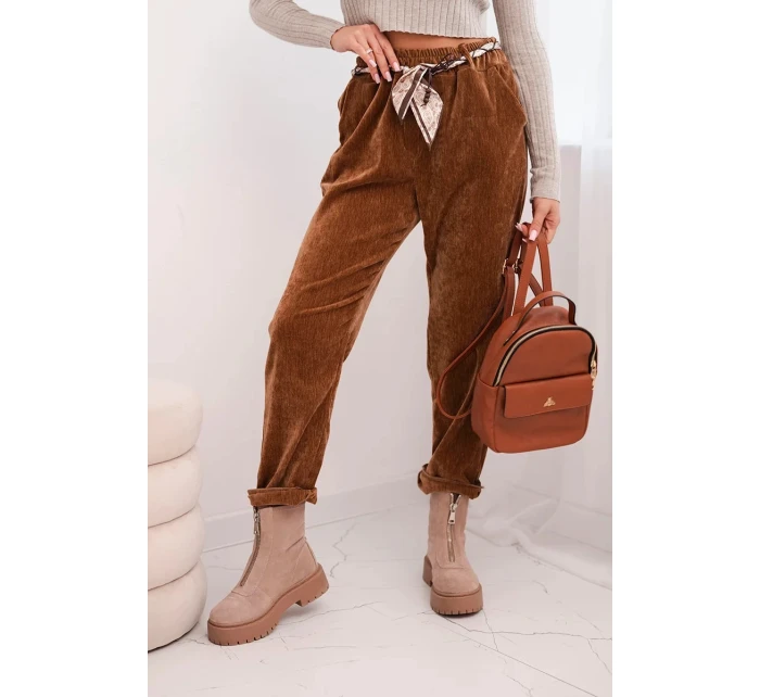 Dámské kalhoty z viskózy s šátkovým pásem camelová
