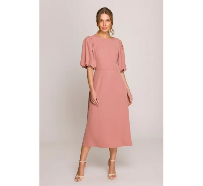 model 20966274 Šaty s puff rukávy růžové - STYLOVE
