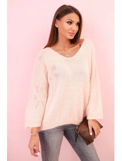 Dámský svetr z mohéru volného střihu s výstřihem do V pudrově růžový