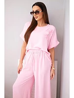 Dámský komplet z viskózy s ozdobným květem a širokými kalhotami bonbónově růžová