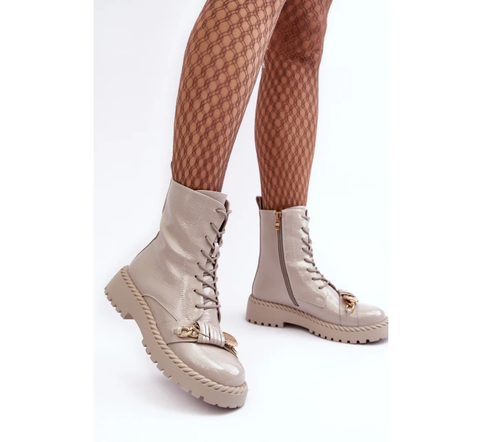 Dámské lakované Workery boty s ozdobou D&A MR870-67 světle šedá