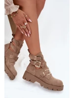 Dámské kotníkové boty s pásky a zlatými přezkami Helisse – béžové