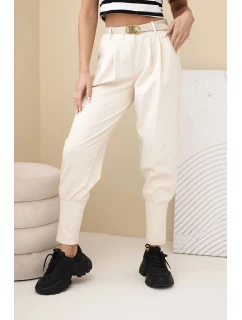 Dámské bavlněné kalhoty s vysokým pasem a páskem béžová