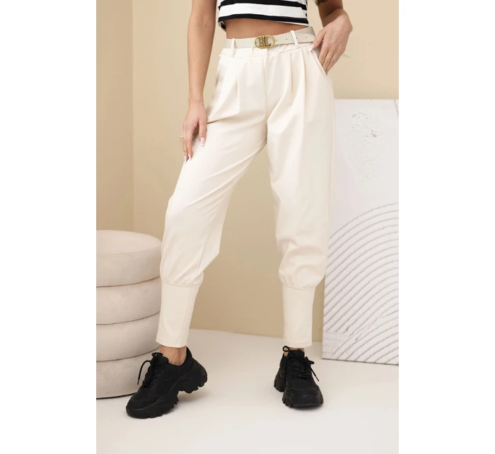 Dámské bavlněné kalhoty s vysokým pasem a páskem béžová