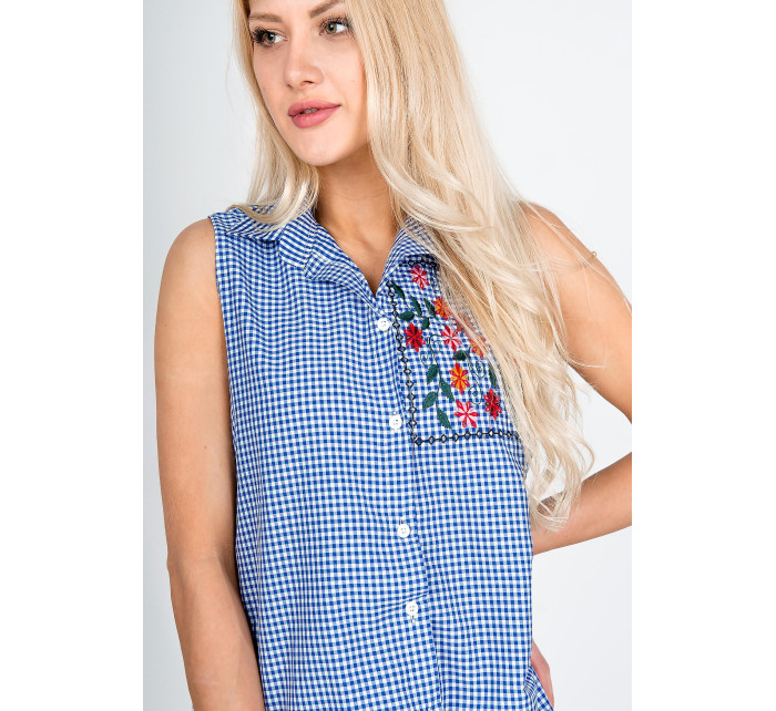 Dámská kostkovaná košile bez rukávů s model 19165624 výšivkou tmavě modrá, - Kesi