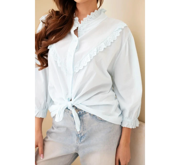 Dámská bavlněná košile s krajkou a vázáním modrá Dámská bavlněná košile s krajkou a vázáním modrá