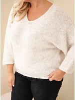 Dámský svetr Plus Size s výstřihem do V a širokým rukávem béžový