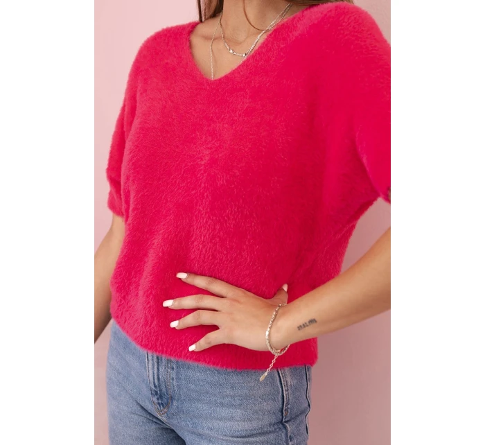 Dámský svetr z měkkého model 21291593 s V výstřihem krátký rukáv fuchsie - K-Fashion Dámský svetr z měkkého model 21291593 s V výstřihem krátký rukáv fuchsie - K-Fashion
