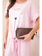 Dámský viskózový komplet s halenkou s potiskem a kalhotami cukrově růžová