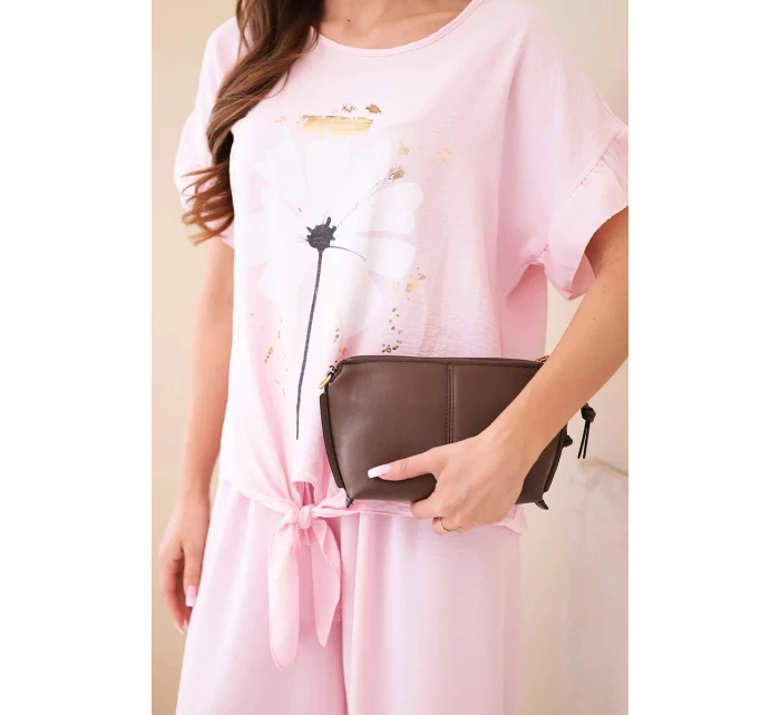 Dámský viskózový komplet s halenkou s potiskem a kalhotami cukrově růžová