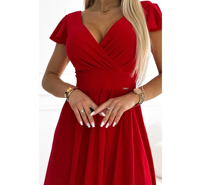 Červené dámské šaty s výstřihem a krátkými rukávy model 19735866 - numoco