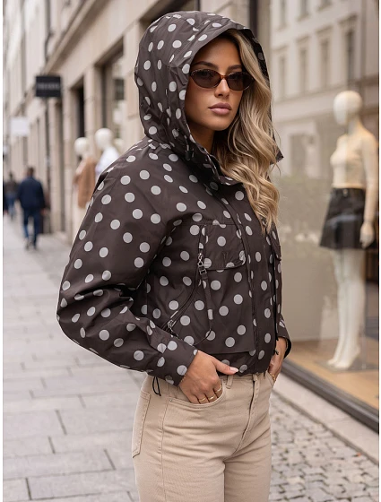 Dámská přechodová bunda s puntíky a kapucí, hnědá, FashionStreet TY6036