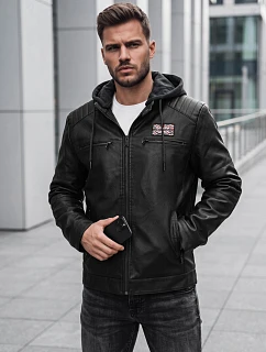 Pánská zateplená bunda z ekokůže s kapucí, černá, FashionStreet TX5147