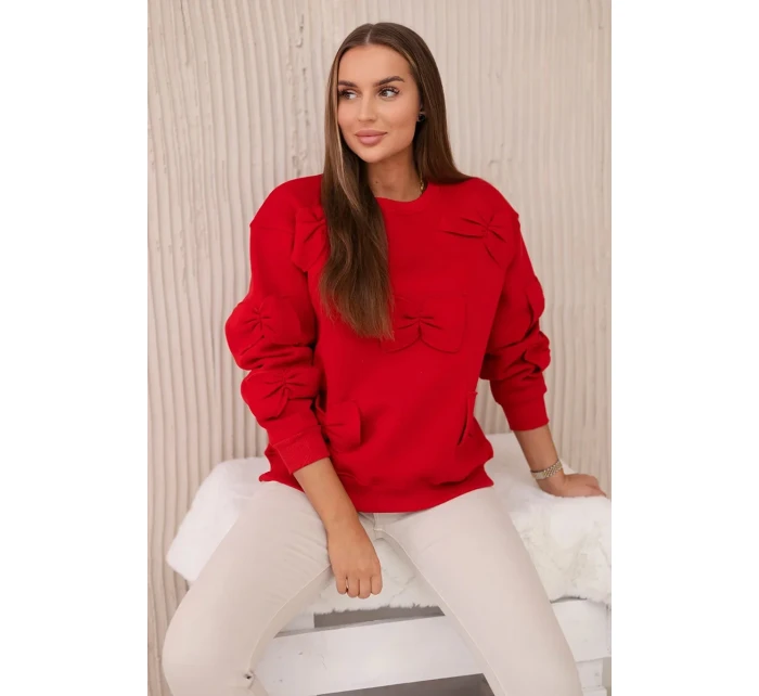 Zateplená mikina se stahovacím lemem a ozdobnými mašličkami Červený