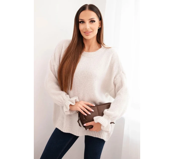 Dámský svetr s přídavkem mohéru a vlny volného střihu béžový Dámský svetr s přídavkem mohéru a vlny volného střihu béžový