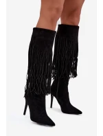 Dámské kozačky na jehlovém podpatku s třásněmi černé model 21709824 - Boto