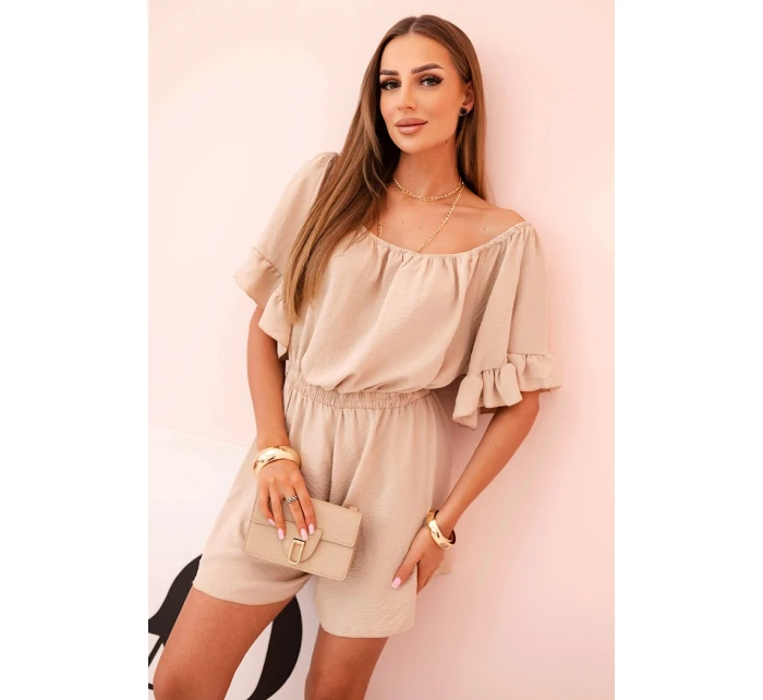 Dámský bavlněný overal bez rukávů s vázáním v pase ecru