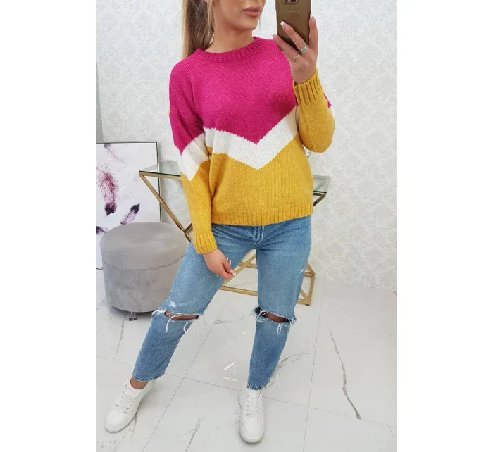 Geometrický vzorovaný svetr fuchsiová+hořčicová Geometrický vzorovaný svetr fuchsiová+hořčicová