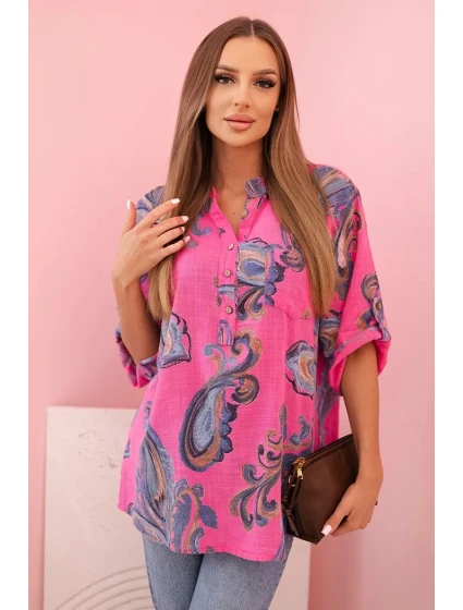 Dámská bavlněná blůza s ozdobným potiskem a ohrnutými rukávy růžová