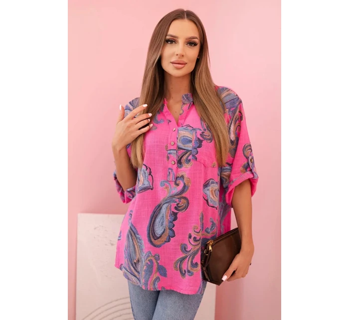 Dámská bavlněná blůza s ozdobným potiskem a ohrnutými rukávy růžová